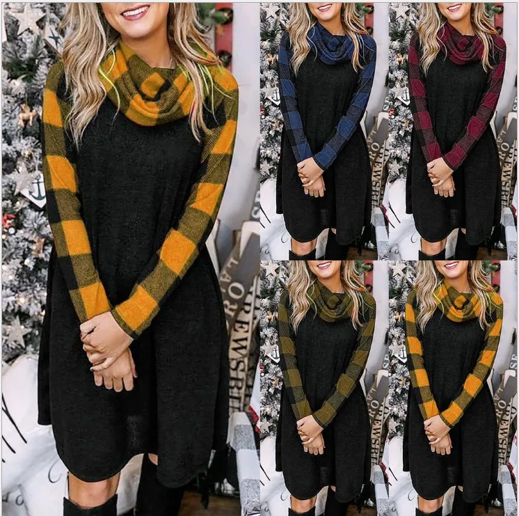 

2019 Winter Europe And America Large Size Dress Hot Selling Check Print Joint Long-sleeved Dress