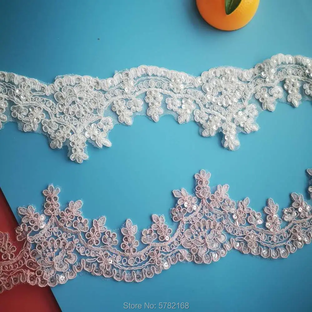 Sequins edge Polyester embroidery lace trim For bridal Wedding gown Costume design Lace ribbon 1Yard /8cm lace ribbon lace garment accessories lace sewing supplies lace accessories lace sewing accessories lace decoration