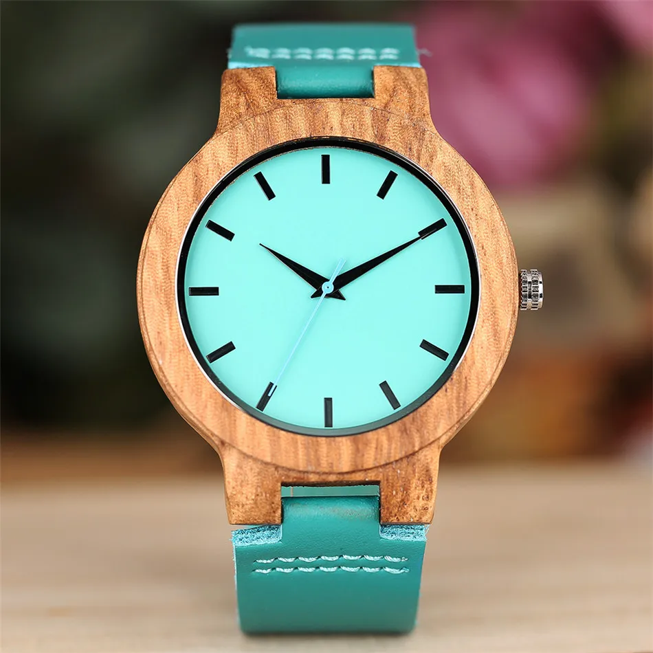 Unique Blue Color Wood Watch Women Wooden Quartz Men's Watches Genuine Leather Band Couples Lover's Timepieces Clock Gifts 2019