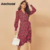 Aachoae 2022 Women Print Ruffle Dress Spring Lantern Long Sleeve V Neck Midi Dresses Causal Sashes Ladies Irregular Hem Dress ► Photo 1/6
