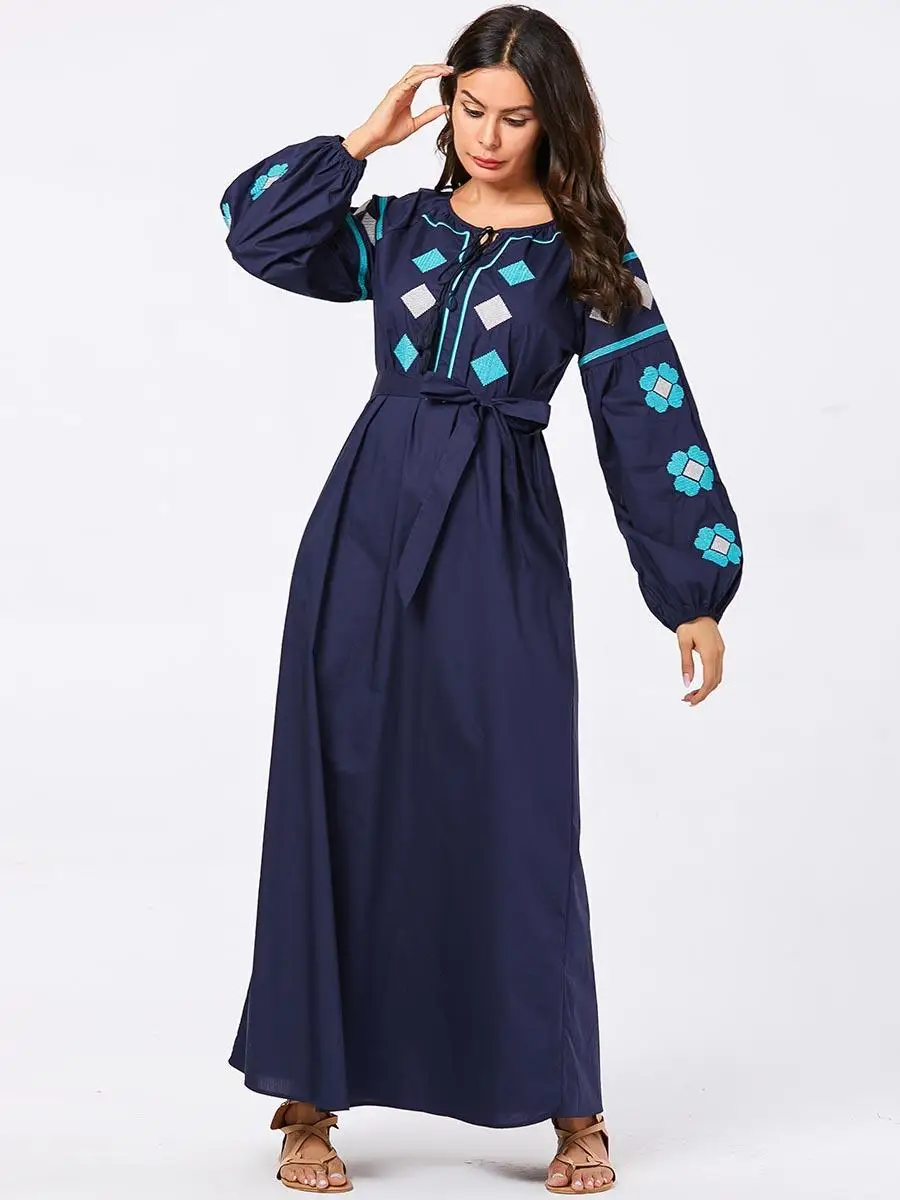 Арабский abaya модное женское длинное платье с вышивкой блуза с поясом мусульманский кафтан jilбаб Повседневная Исламская одежда осень длинный рукав