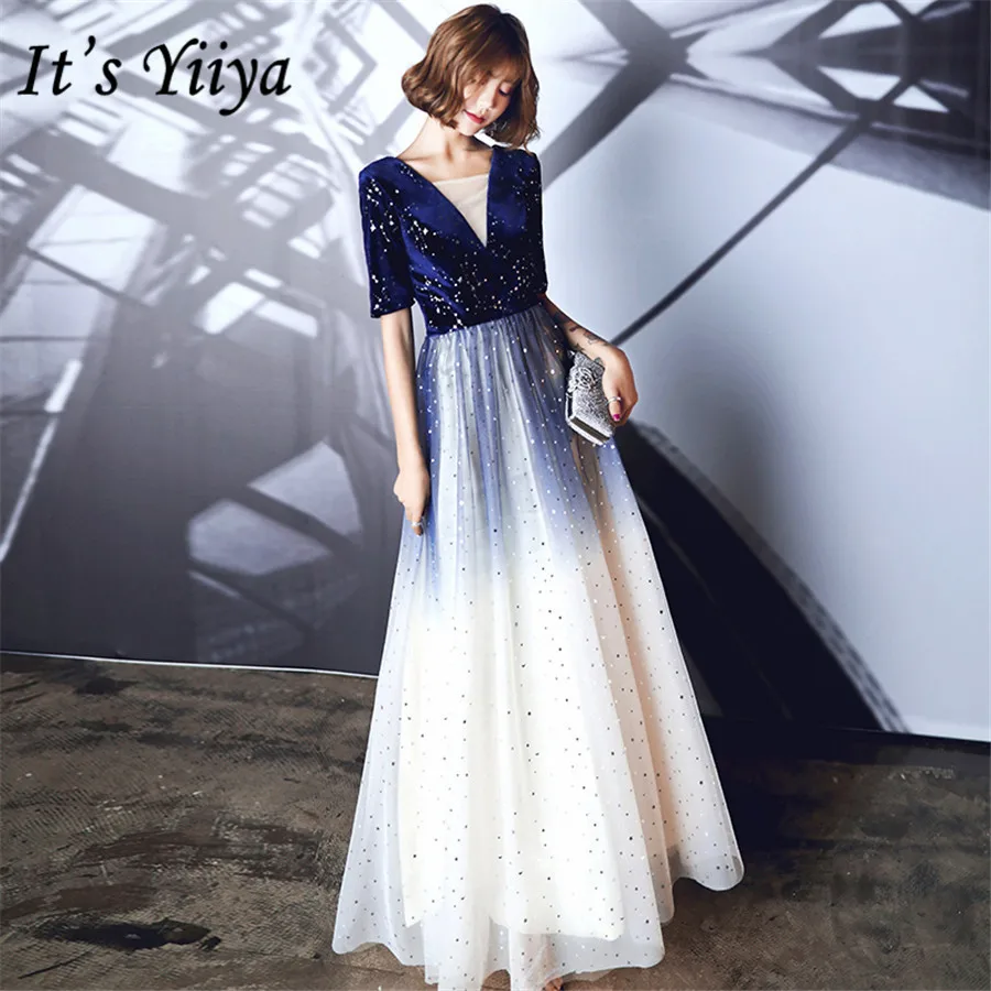 Это Yiiya вечернее платье Темно-синие градиент Формальное вечернее платье с v-образным вырезом для мамы; E1433 Половина рукава с украшением в виде кристаллов длинный халат de soiree
