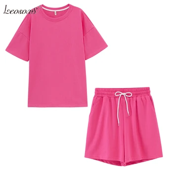 

LEOSOXS summer tracksuits womens two peices set leisure outfits cotton oversized t-shirts high waist shorts candy color clothing