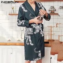 INCERUN, комфортный сексуальный халат для женщин и мужчин, с принтом тигра, с длинным рукавом, атласная пижама, тренд, пояс, халат, домашняя одежда, пижама, кимоно