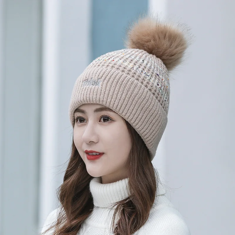 Women Winter Thicken Alphabet embroidery Flanging Warm Ear protectors Little bee Pompom knit hat Female Skull Beanies cap Z205