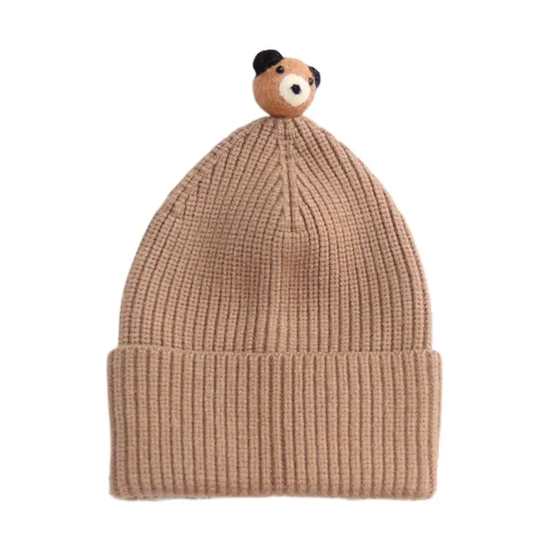 Хаки Children Kids Cute Cartoon Kintted Wool Hat Solid Color Winter Casual Outdoor Stretchy Cuffed Cap Keeping Warm Supplies - Цвет: Хаки