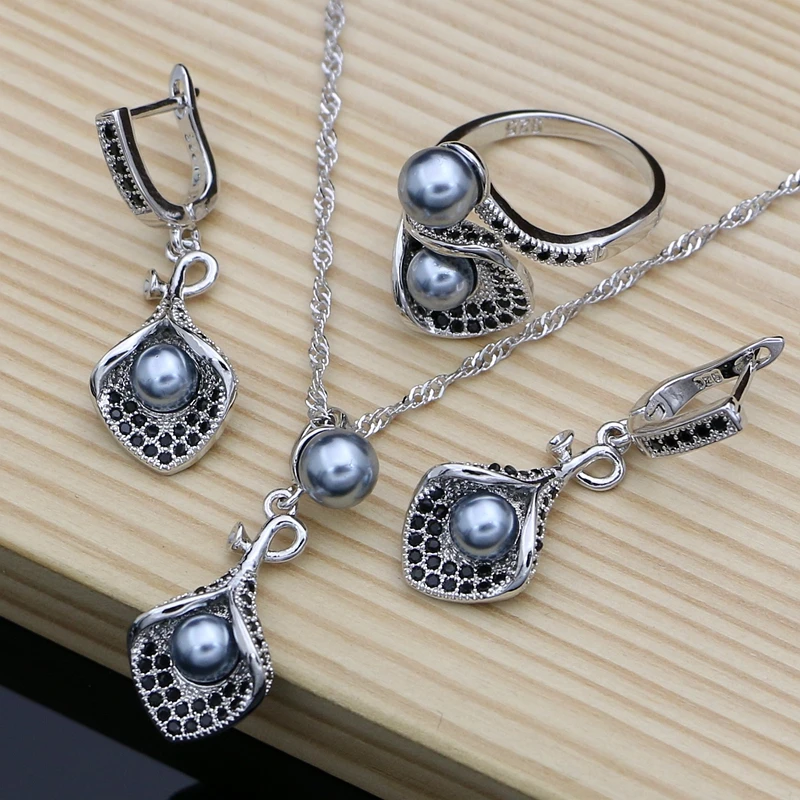 horn Flower 925 Silver Bridal Jewelry Sets Black Pearl Zircon For Women Wedding Pendant Drop Earrings Open Rings Necklace Set
