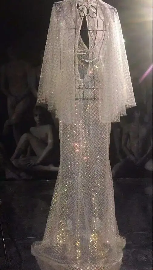Dress Y84 певица белое Сетчатое длинное платье с блестками блестящее платье Летучая мышь женское прозрачное вечернее платье перфорированная одежда Вечерние платья - Цвет: Dress