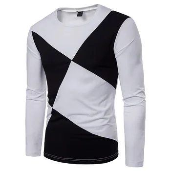 

European and American men's autumn and winter dislocation two color splicing design men's casual round neck long sleeve T-shirt