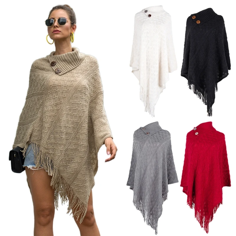 

Women Lapel Buttons Poncho Cape Solid Color Knitted Diamond Plaid Shawl Scarf Fringe Tassels Pullover Batwing Sweater