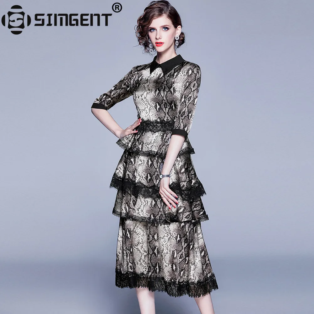 Simgent, леопардовое платье, новинка, для женщин, осень, три четверти, кружево, пэчворк, рукав, миди, длинное, многослойное платье, для женщин, элегантное, Kleid, SG982610