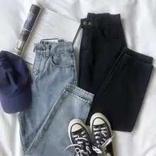 Винтажные женские джинсы до щиколотки, эластичные, с высокой талией, синие, черные, джинсовые штаны, Осень-зима, джинсы