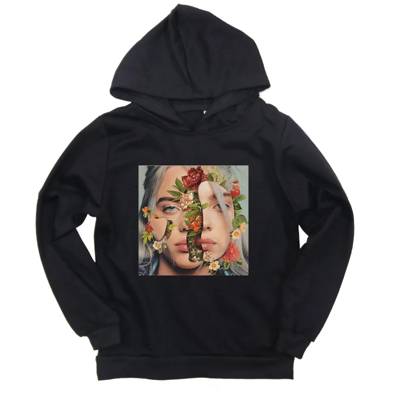 Billie Eilish/Детская толстовка с капюшоном; коллекция года; сезон осень; Детская уличная одежда в стиле хип-хоп; пуловер для девочек; толстовки с капюшоном; однотонные толстовки для мальчиков - Цвет: style 2 - black