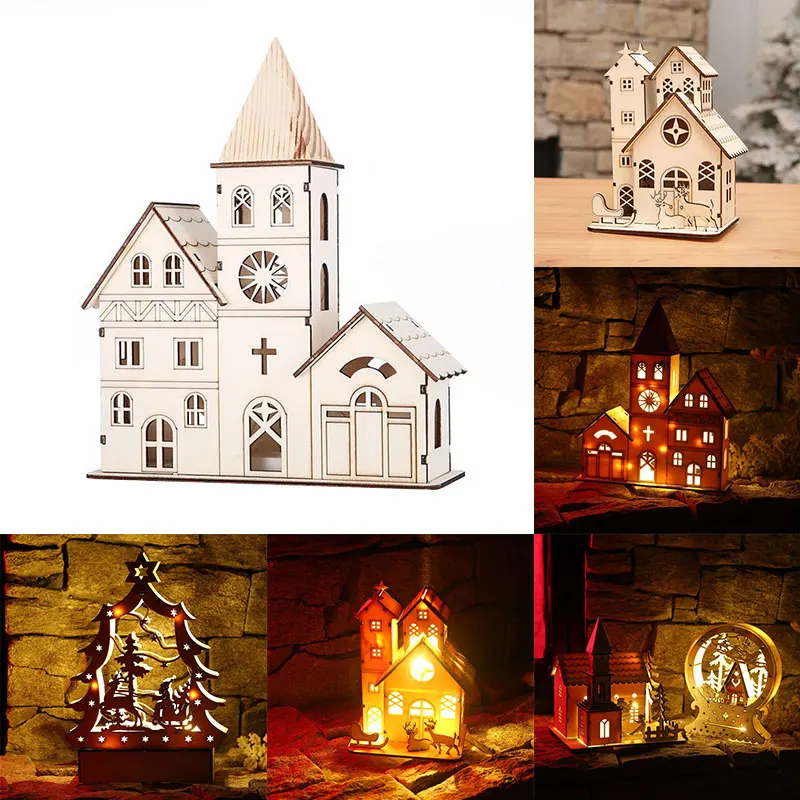 Светодиодный Рождество лампа в виде церкви деревянный дом Рождественский Декор мини светящиеся орнаменты многоузорный подарок на год творческий