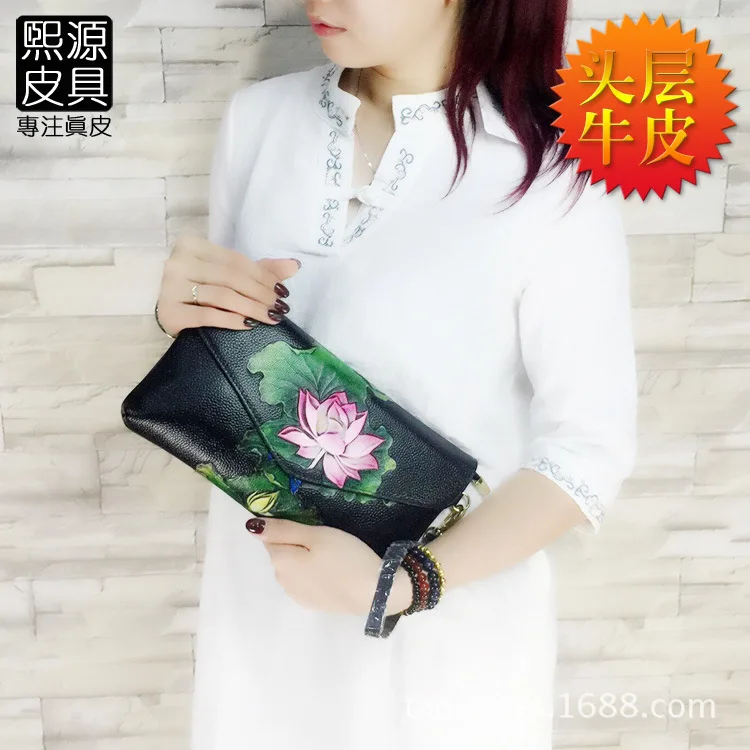 

Origional Genuine Leather Women's Bag with Chain Shoulder Bag Ethnic-Style Lotus Hand-Painted Embossed WOMEN'S Bag Cowhide Messe