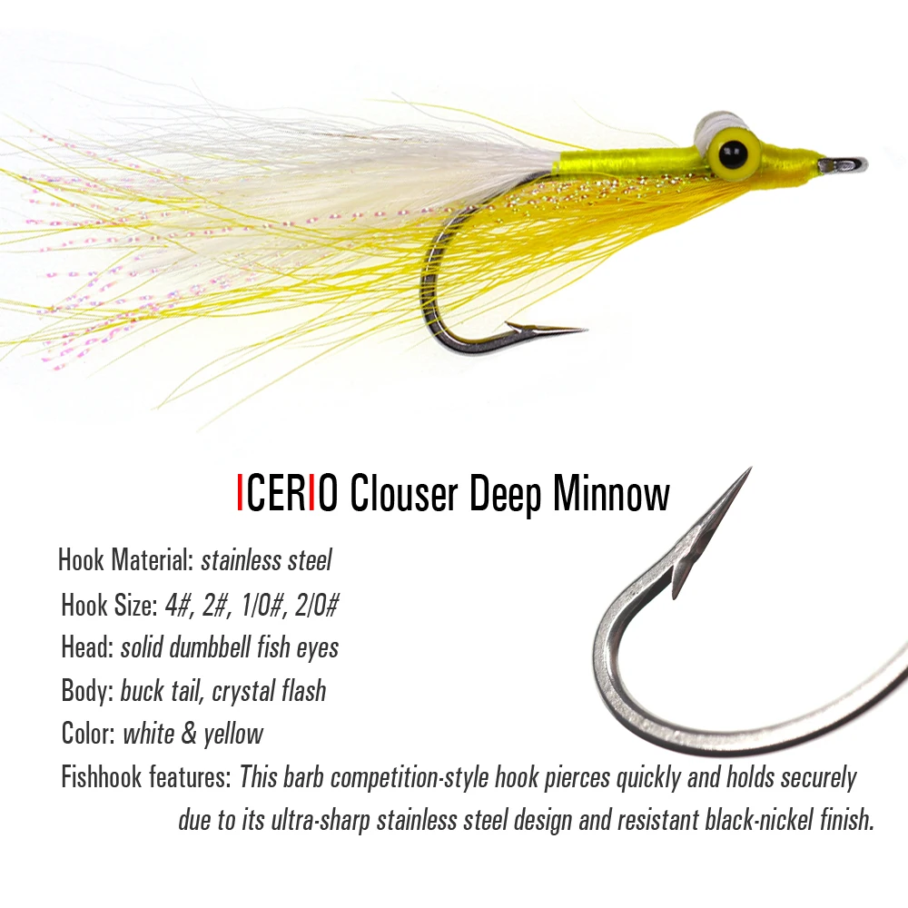 ICERIO 3PCS Stainless Steel Hook Clouser Minnow Streamers 3