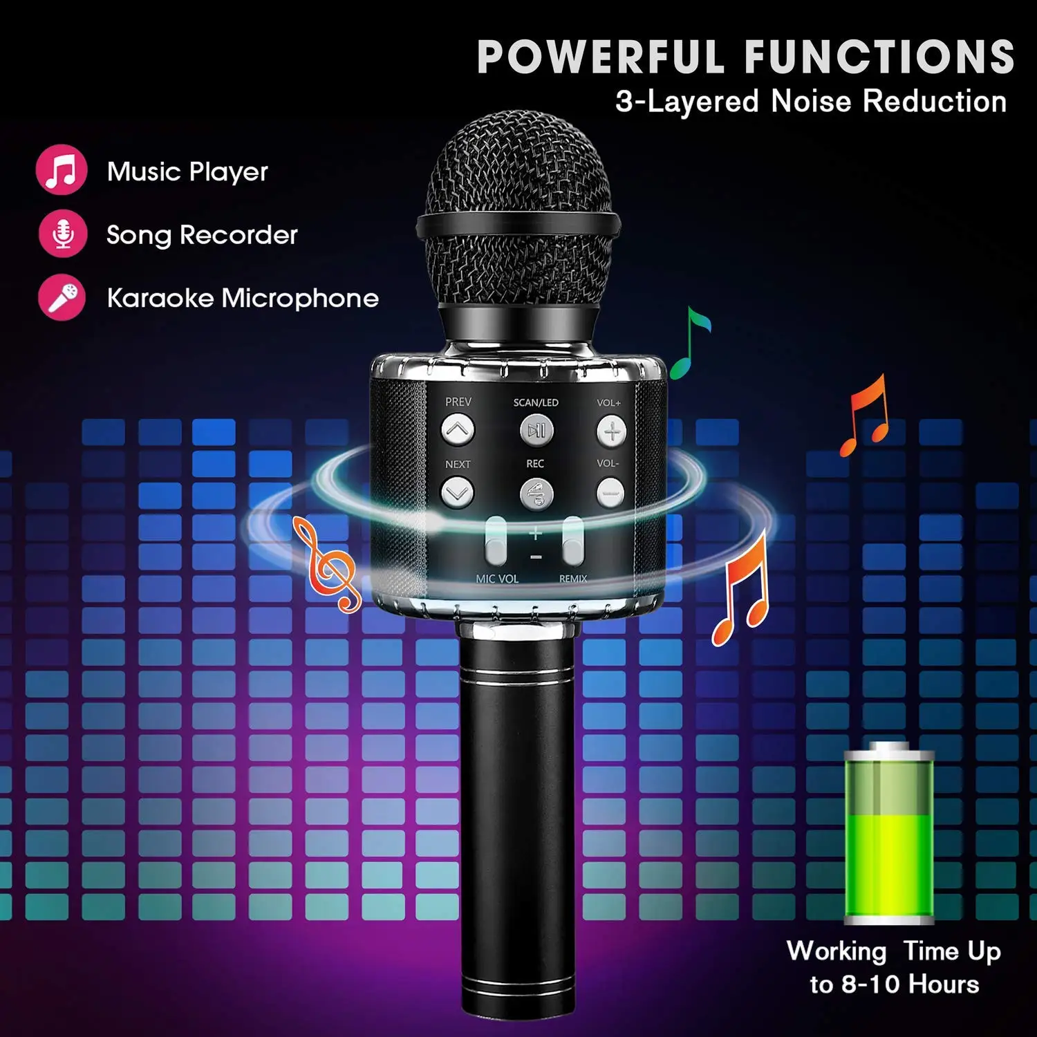 Wireless 4 in 1 Bluetooth Karaoke Microphone, Portable Speaker Machine, Handheld Home KTV Player with Record Function