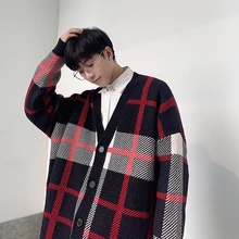 Зимний мужской кардиган, теплый модный ретро повседневный вязаный клетчатый свитер, Мужская Уличная одежда, свободный свитер, пальто, мужская одежда