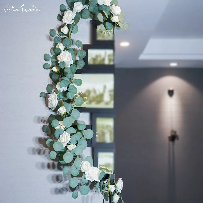 

SunMade 21 Heads Luxury Eucalyptus Rose Vine Silk Artificial Flowers Wedding Home Decore Flores Artificiales Wall Hanging Decor