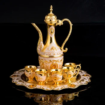 

Vintage Gold White Jeweled Zinc Alloy Liquor Pot, Cups and Dish Set Of 8 Pieces European Home Decor Red Blue Metal Liqueur Sets