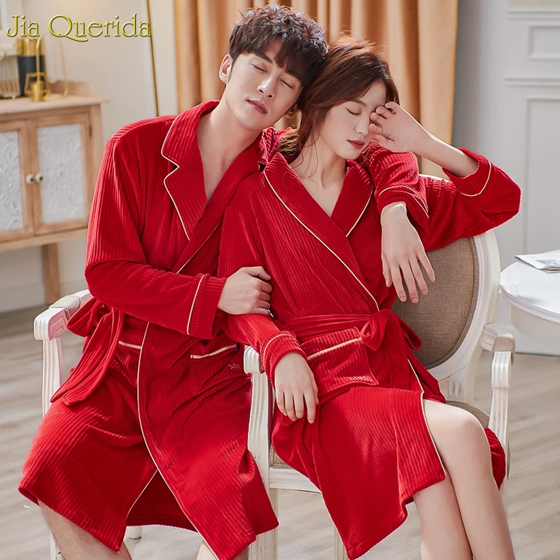 

Mens Bathrobes Winter Long Sleeves Super Soft Velvet Robe Men and Women Matching Striped Pattern Belted Luxury Home Kimon Robes