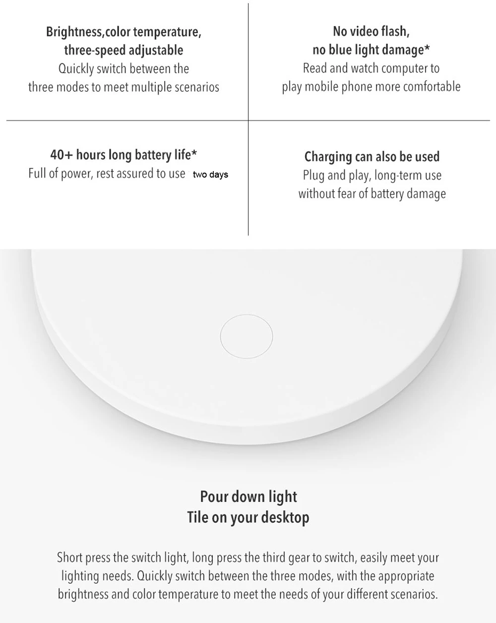 Xiaomi Mijia зарядная настольная лампа перезаряжаемая батарея 2000 мАч 3 режима затемнения 2600K 3200K 4500K портативный светильник