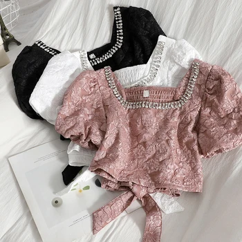 Sweet Puff Sleeve Square Collar Floral Embossed Tops Summer Bow Bandage Girls Cute Short Jacquard Blouse Women Sexy Crop Top