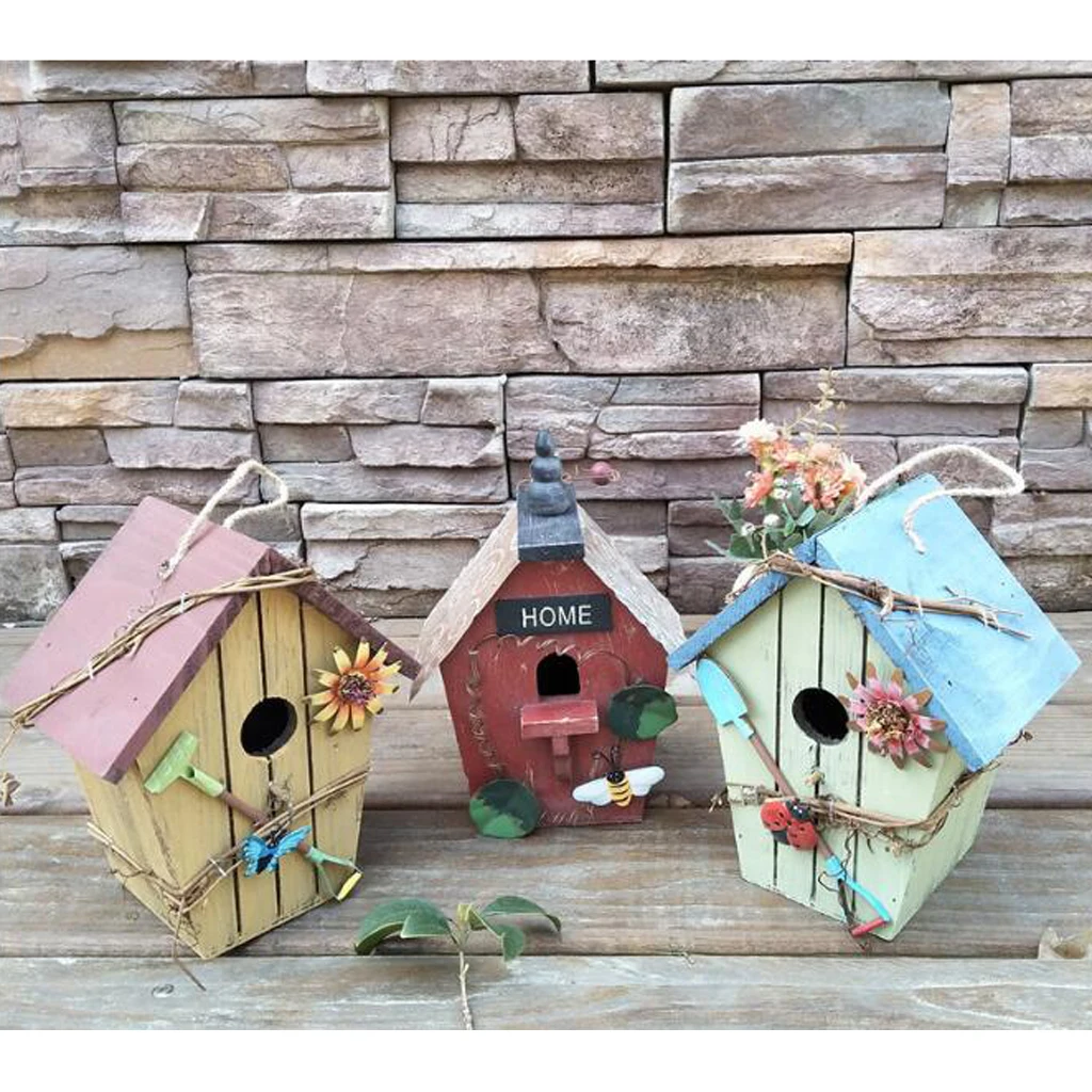 Hand-painted Wooden Birdhouse with Jute Cord Home Outdoor Garden Decoration