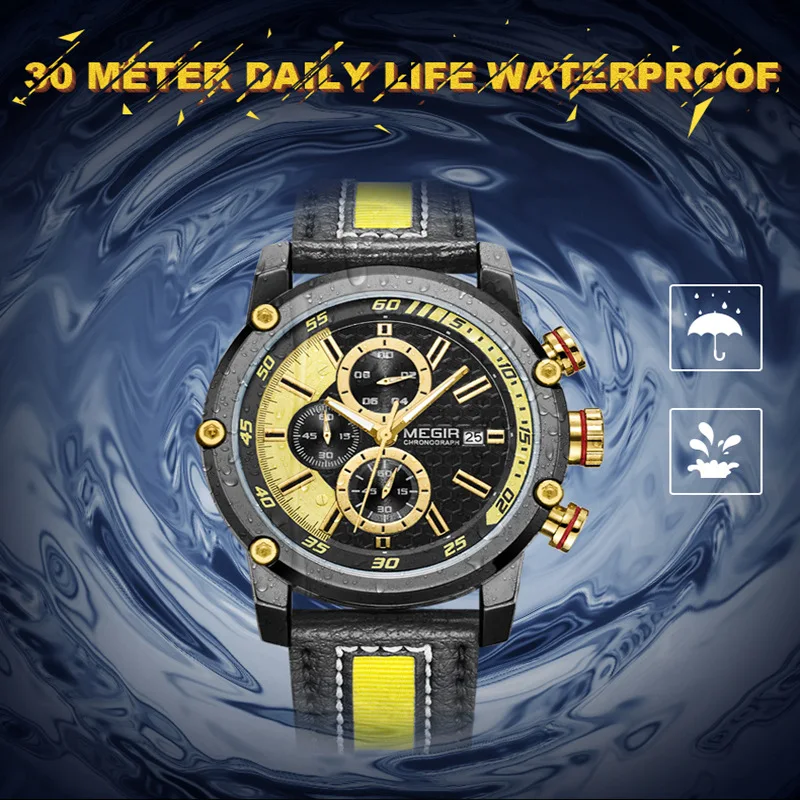 MEGIR модные мужские часы в стиле милитари спортивные многофункциональные Хронограф Календарь кожаные мужские водонепроницаемые наручные часы reloj hombre