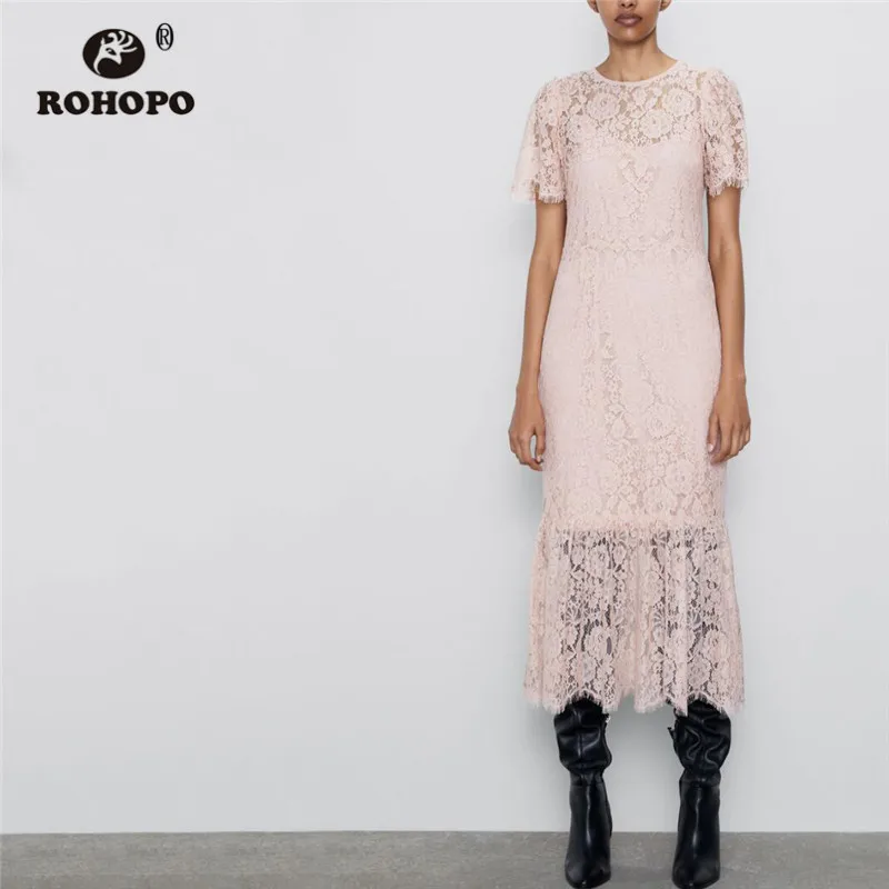 

ROHOPO Round Collar Short Sleeve Embroidery Cotton Lace Pink Midi Dress Ruffled Double Layer Sexy Party Floral Vesdito #2320