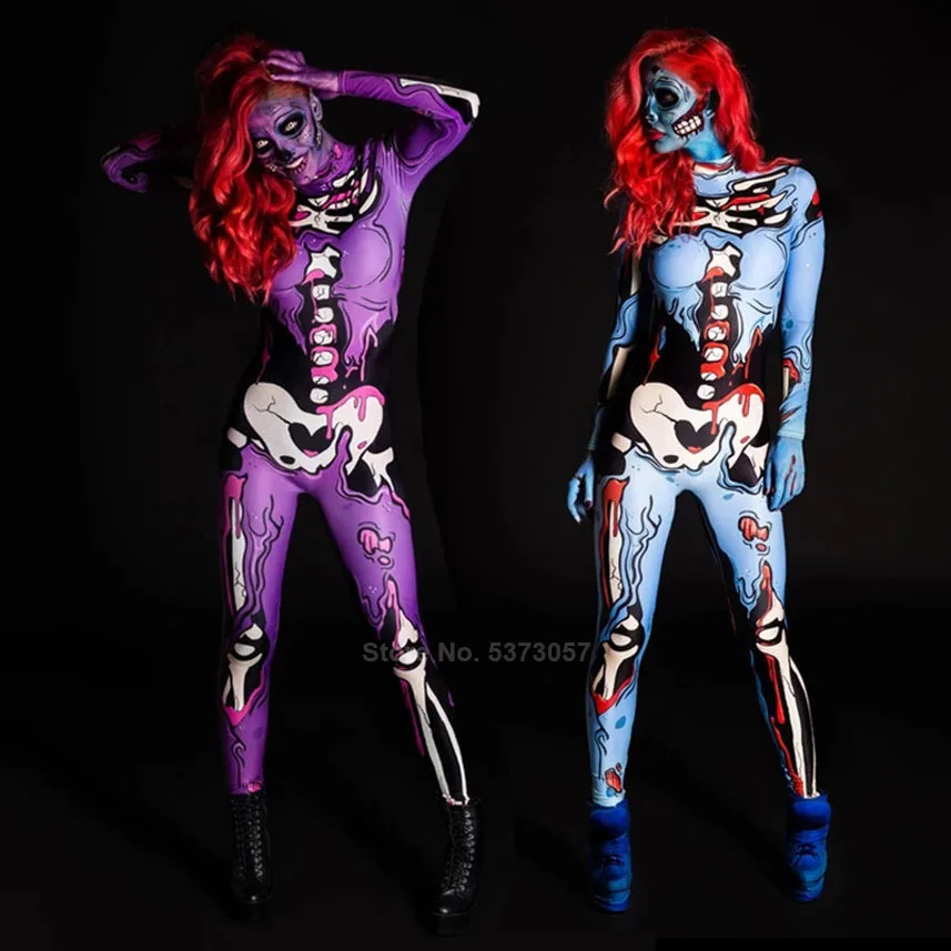 

Skeleton Ghost Scary Costumes For Women Halloween 3D Printing Sexy Tight Bodycon Jumpsuit Bodysuit Horror Gothic Cosplay