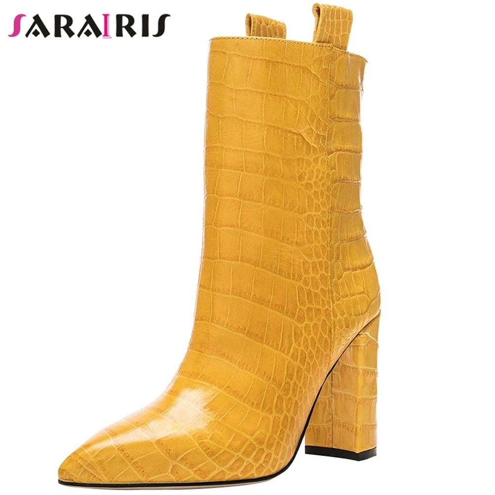 

SARAIRIS Sexy Brand Design Pointed Toe square High Heels Rubber Sole High Top Women Ankle Boots Autumn Shoes Big Size 35-48