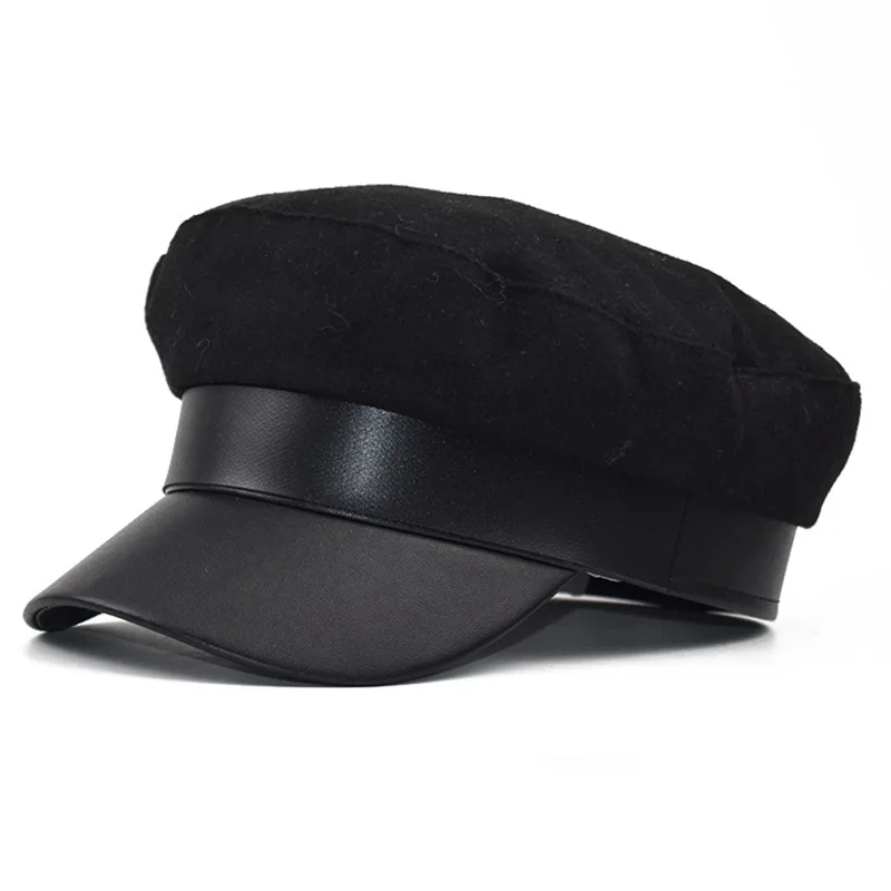 Женские черные шапки в стиле милитари; сезон осень-зима; модные шерстяные шапки из искусственной кожи в стиле пэчворк; кепки с поясом для женщин; Gorras boinas para mujer