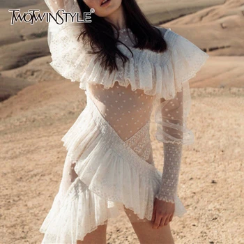 

TWOTWINSTYLE Patchwork Mesh Lace Ruffle Dress Women O Neck Puff Long Sleeve High Waist Irregular Dress Female Fashion Clothing