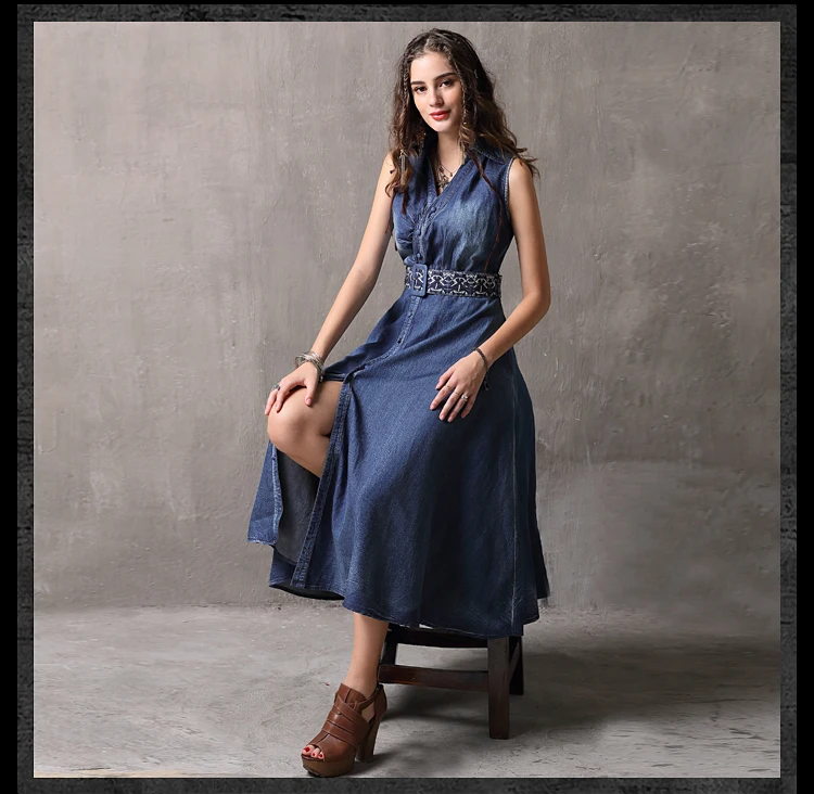 Vintage Summer Tank Dress 2019 Slim Waist Women Dresse Denim Vestidos V-Neck A-Line Sleeveless Belted Sundresses K82093 (11)