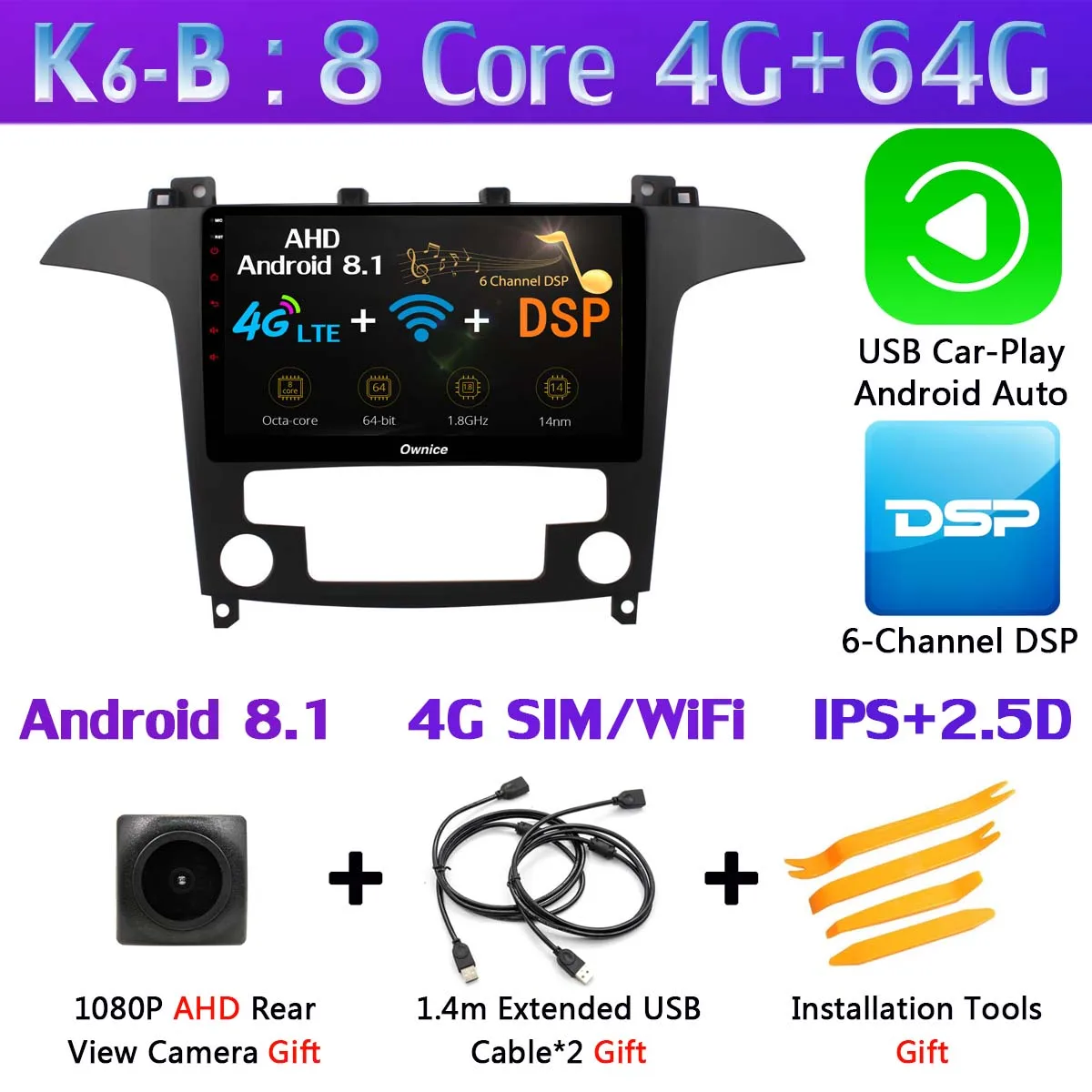 360°Pano ram ic 4×камера 4G LTE 4 ГБ ОЗУ+ 32 ГБ Android 9,0 ips Автомагнитола для Ford S-Max S Max 2007 2008 gps Navi DSP CarPlay - Цвет: K6-B-CarPlay