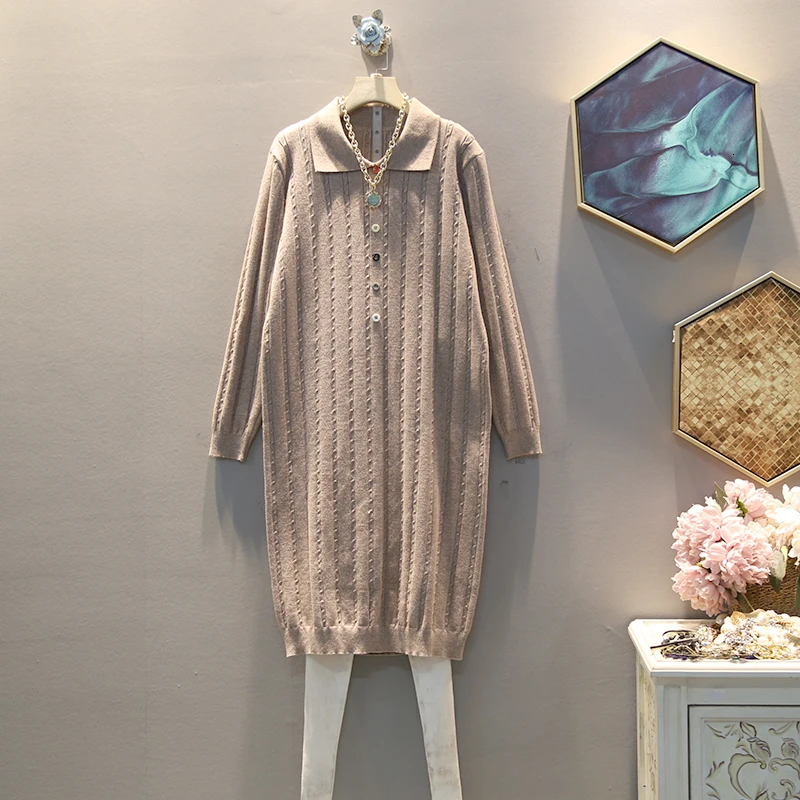 

[EWQ] 2019 Autumn Winter New Pattern Lapel Long Sleeve Solid Patchwork Single Breasted Knitting Vintage Dress Women AH67304.4XL