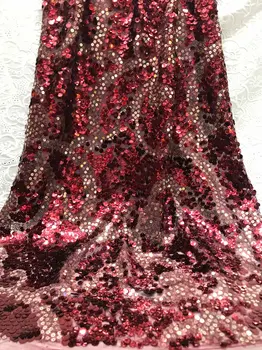 

2020 African high quality velvet sequence French Nigerian sequins net tulle mesh Swiss lace fabric for dress 5 yards red gold