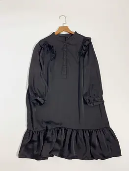 

Women Dresses Spring and Summer New Sexy Half-open Chest Lotus Leaf Pure Black Long-sleeved mini Dress