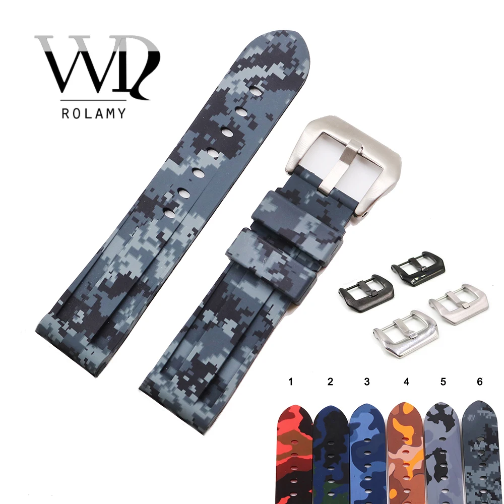 

Rolamy 24mm Watch Band Strap Waterproof Silicone Rubber Band Loops For Panerai Luminor High Quality Camo Color Replacement Strap