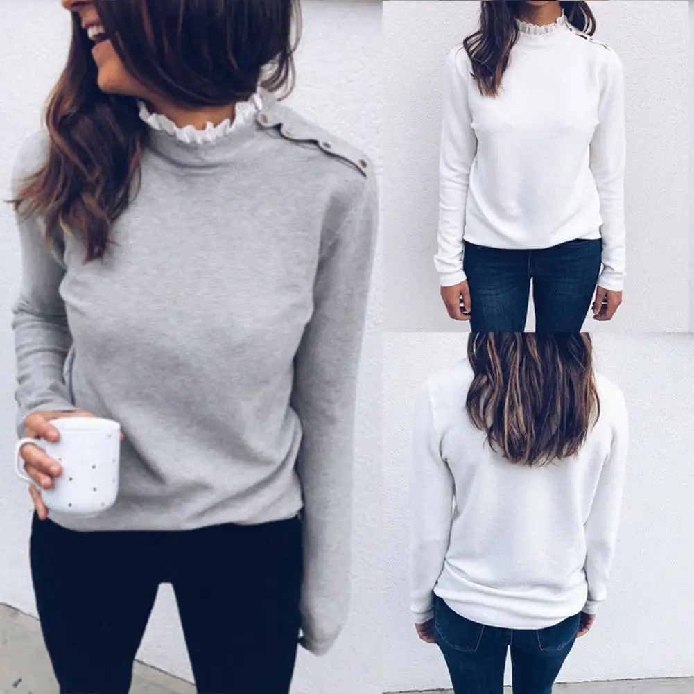 Модная женская кружевная блузка с оборками высоким воротом длинным рукавом