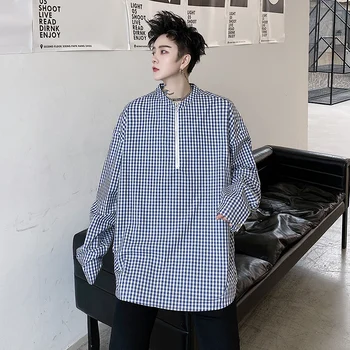 

Male Streetwear Hip Hop Vintage Loose Shirt Men Stand Collar Long Sleeve Casual Pullover Shirt