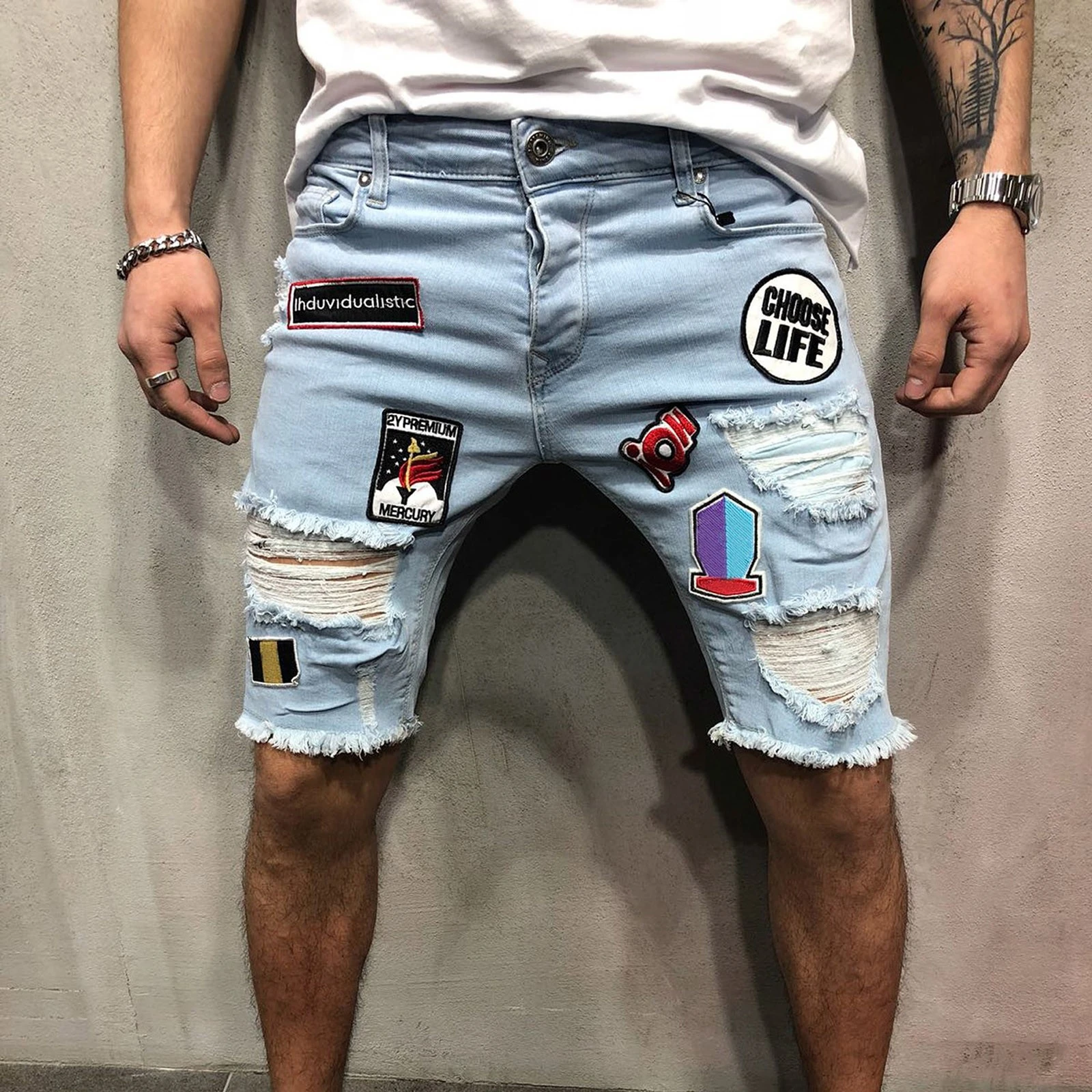 Pantalones vaqueros con agujero roto para hombre, Vaqueros elásticos rasgados, ajustados con bordado, informales, Color puro, con dibujos animados, azul, 2021|Pantalones vaqueros| - AliExpress