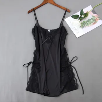 

Sexy Spaghetti Strap Nightgown Female Satin Nightdress Lace Patchwork Intimate Lingerie Nightwear Hollow Out Home Dressing Gown