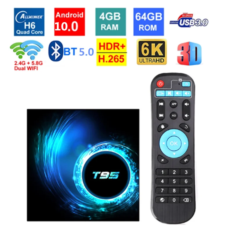 Caixa de tv Android 10 T95 H616 6K 2 4 ГГц и 5 0 Wifi Bluetooth Смарт ТВ-приставка медиаплеер | Электроника