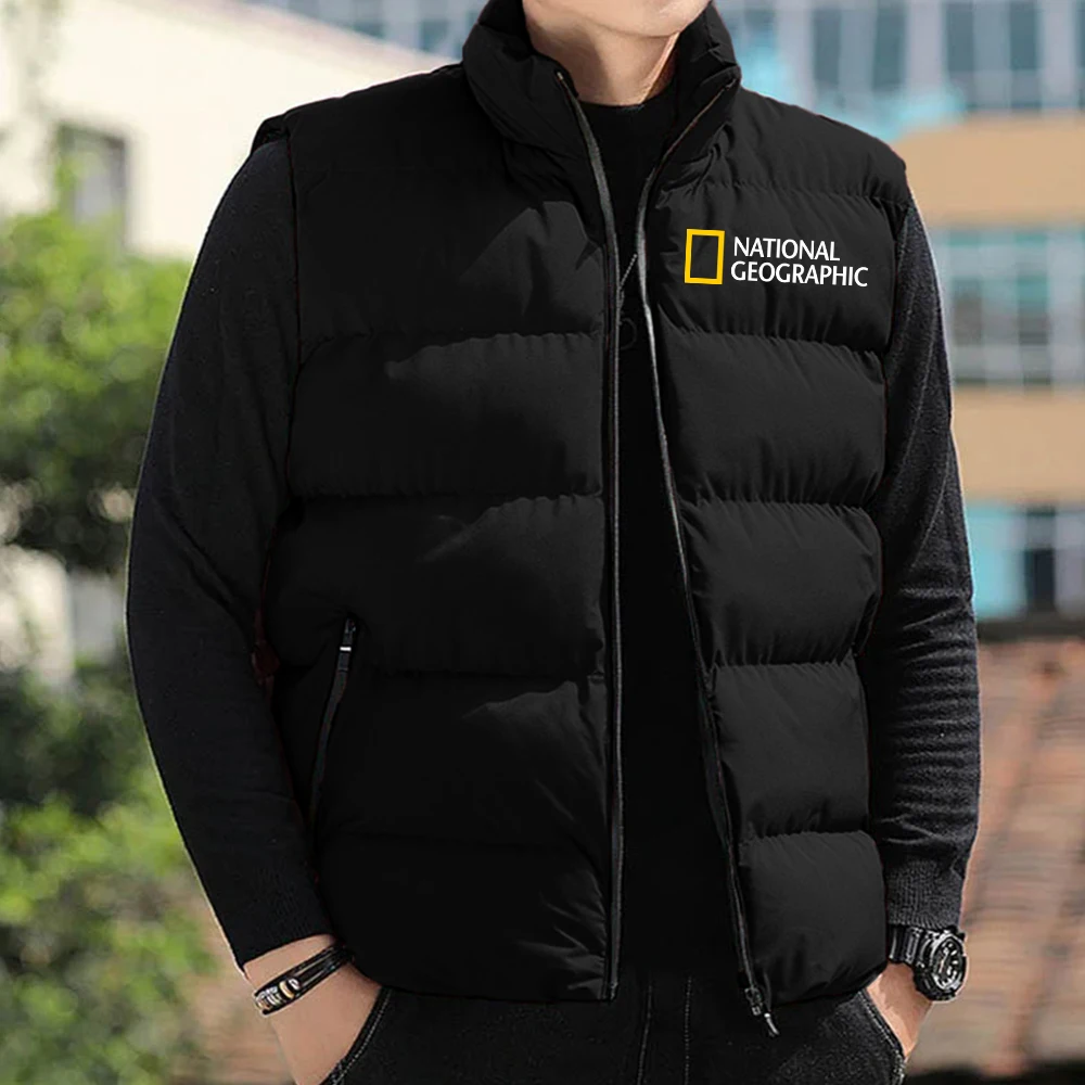 2022 New Geographic Printed Winter Warm Zipper Jacket Men's Stand Collar Sleeveless Vest Fashion All-match Male Waistcoat Coats | Мужская