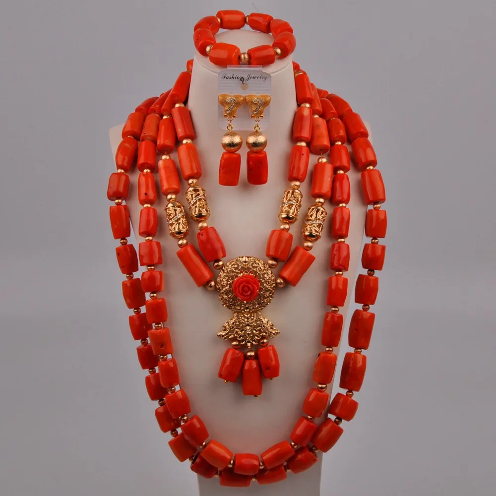 

4 Rows Red/White /Orange Nigerian Coral Beads Costume Necklace African Jewelry Set Women Bridal Jewelry Sets 2-18-H3