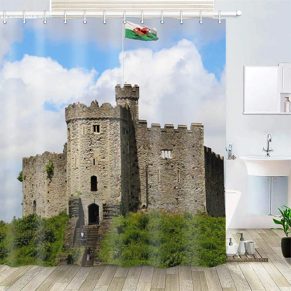 

Shower Curtain, Polyester Fabric Waterproof Hooks Included-72x72 inches- Castle Hilltop Architecture Old Building Landmark