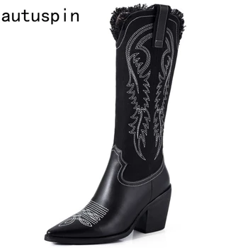 

autuspin Knee High Botas for Women Winter Fashion Cow Leather Pointed Toe Chelsea Boots British Style Woman Denim Long Boots