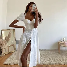 Summer Solid Color Princess Sleeve High Slit French Dress Single Breasted Button Puff Sleeve Sweet Dress Female